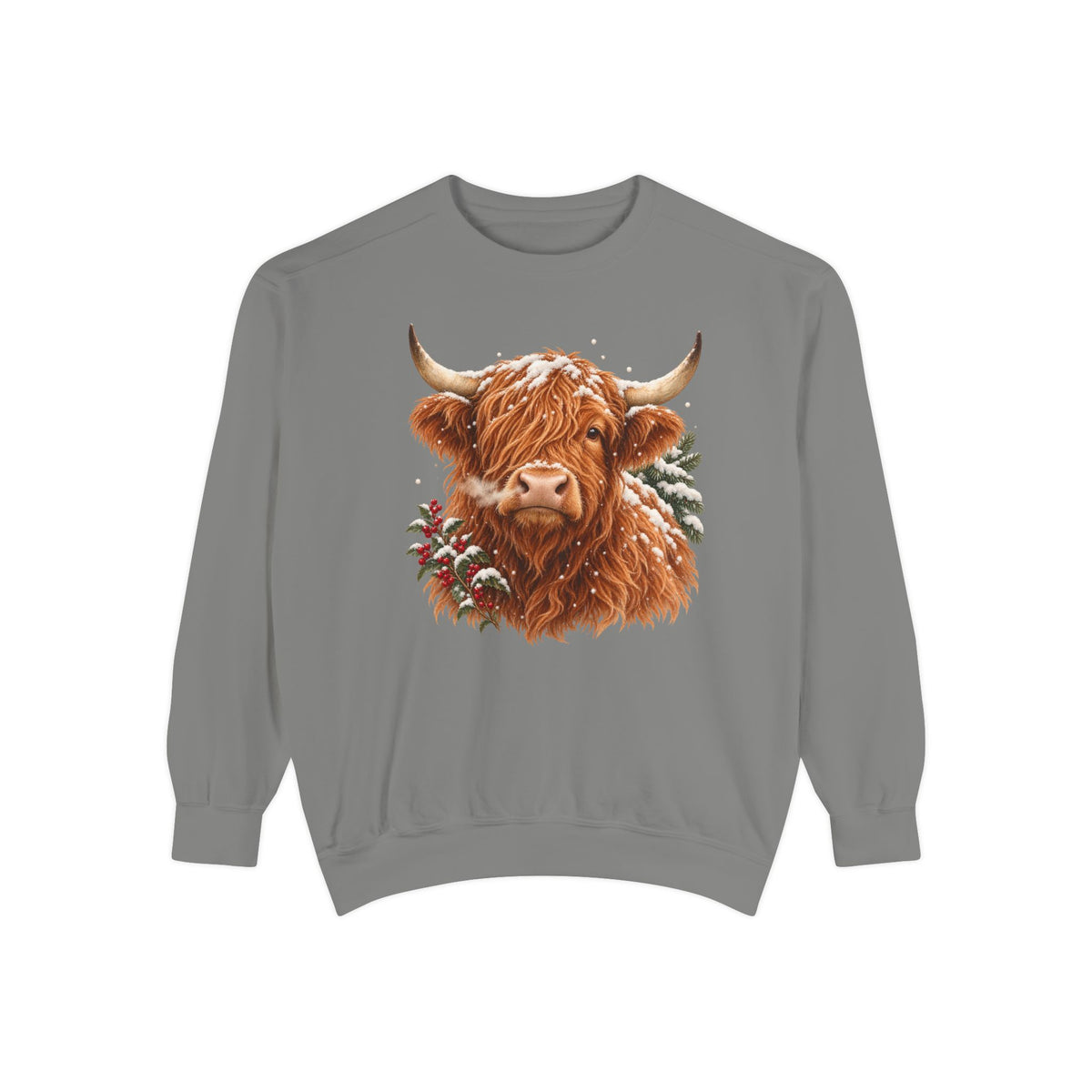 Highland cow sweatshirt in Grey – a shaggy ginger Highland cow with snow on its fringe, a snowy pine bough and red berries, painted vintage-poster style, printed large on the chest of a Comfort Colors crewneck