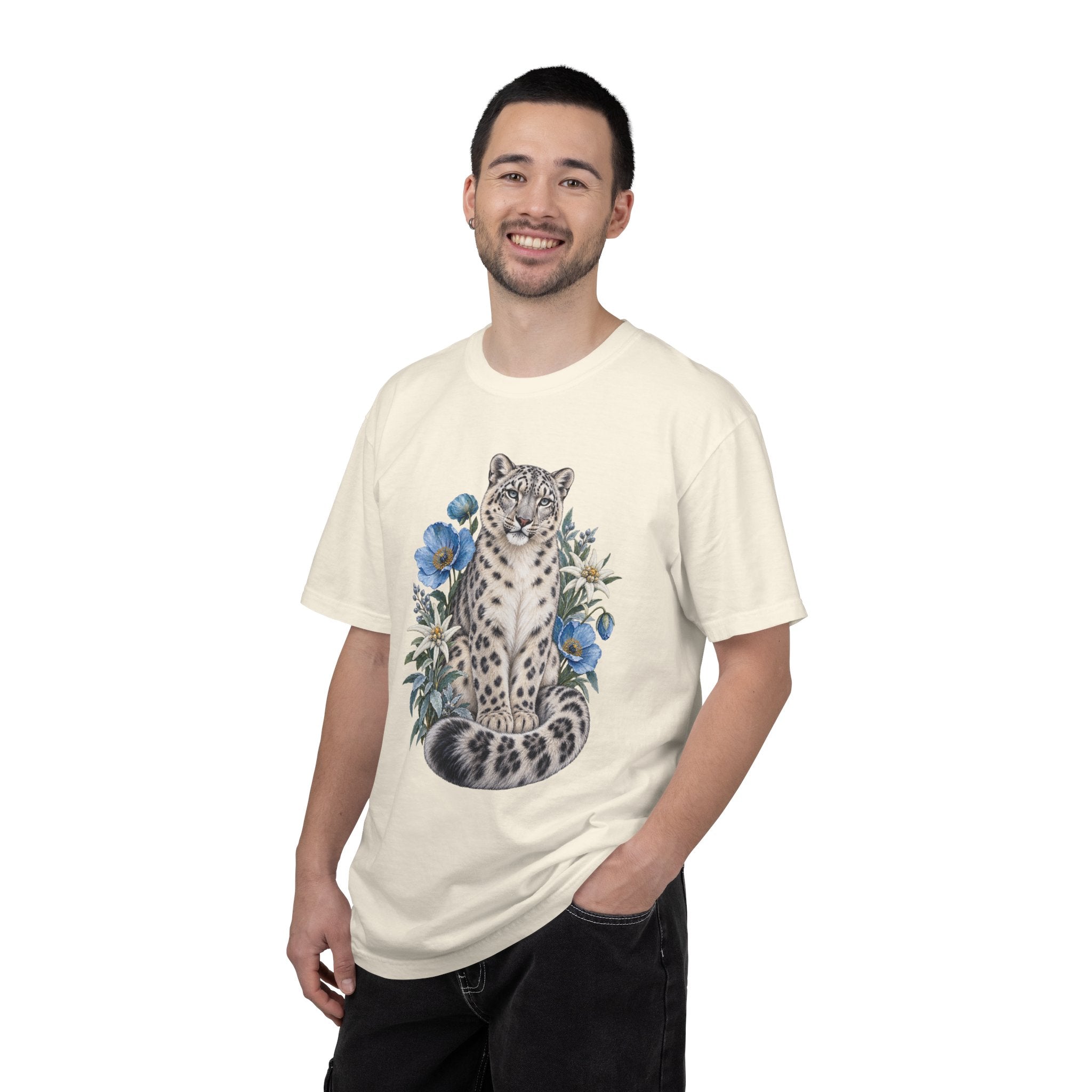 Snow Leopard & Blue Poppy T-Shirt — illustration detail on cotton