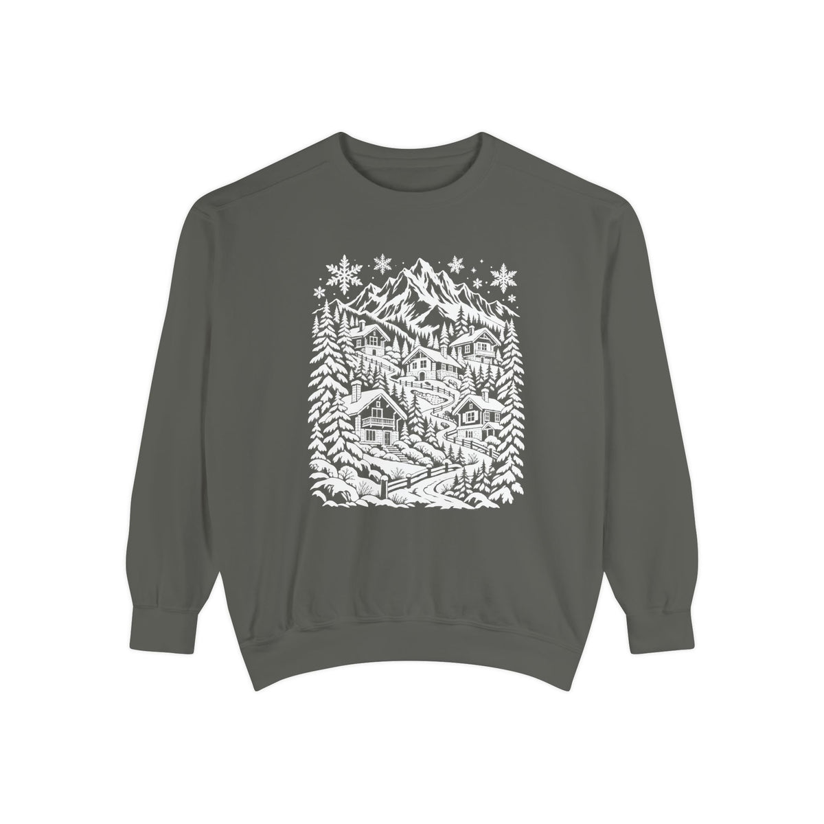 Snowy Mountain Chalets Line Art Sweatshirt — a snow-capped peak above balconied alpine chalets on terraced slopes, snow-laden pines to either side and large snowflakes falling above, drawn in white line art on a garment-dyed Comfort Colors crewneck