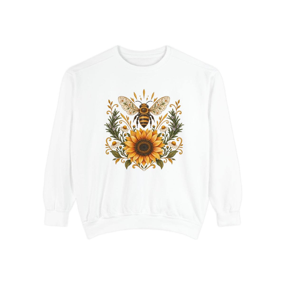 Bee & Sunflower Crest Sweatshirt — Garment-Dyed Fleece