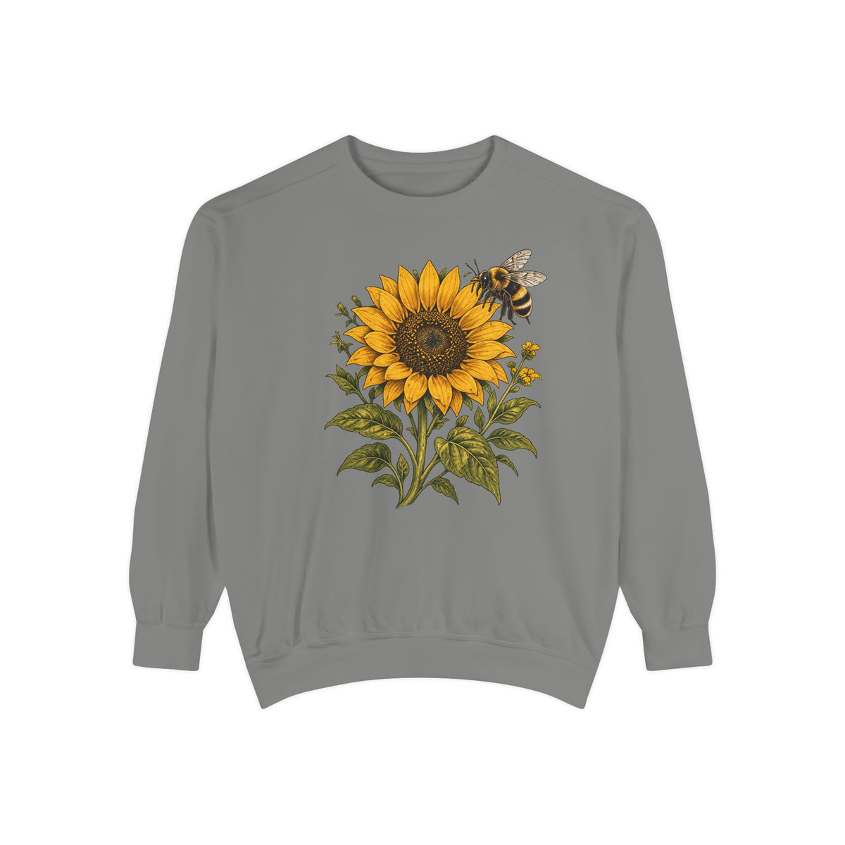Sunflower and bumblebee sweatshirt in Grey, a soft heather gray garment-dyed Comfort Colors 1566 crewneck with a golden sunflower and hovering bumblebee