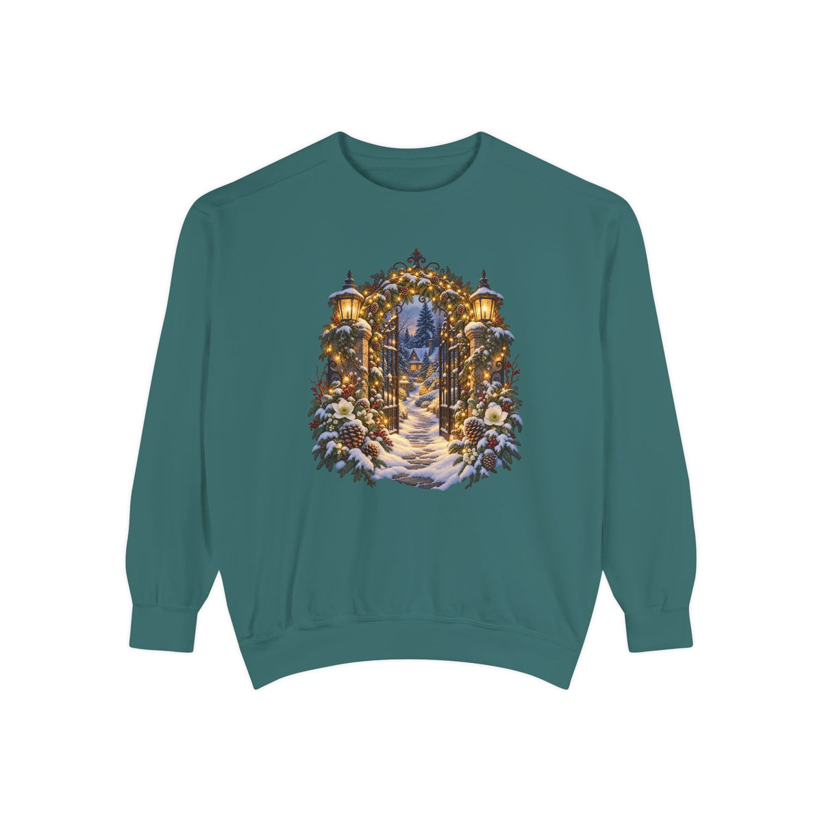 Christmas garden gate sweatshirt in Blue Spruce, a deep forest green garment-dyed Comfort Colors 1566 crewneck with a snowy lantern-lit garden gate