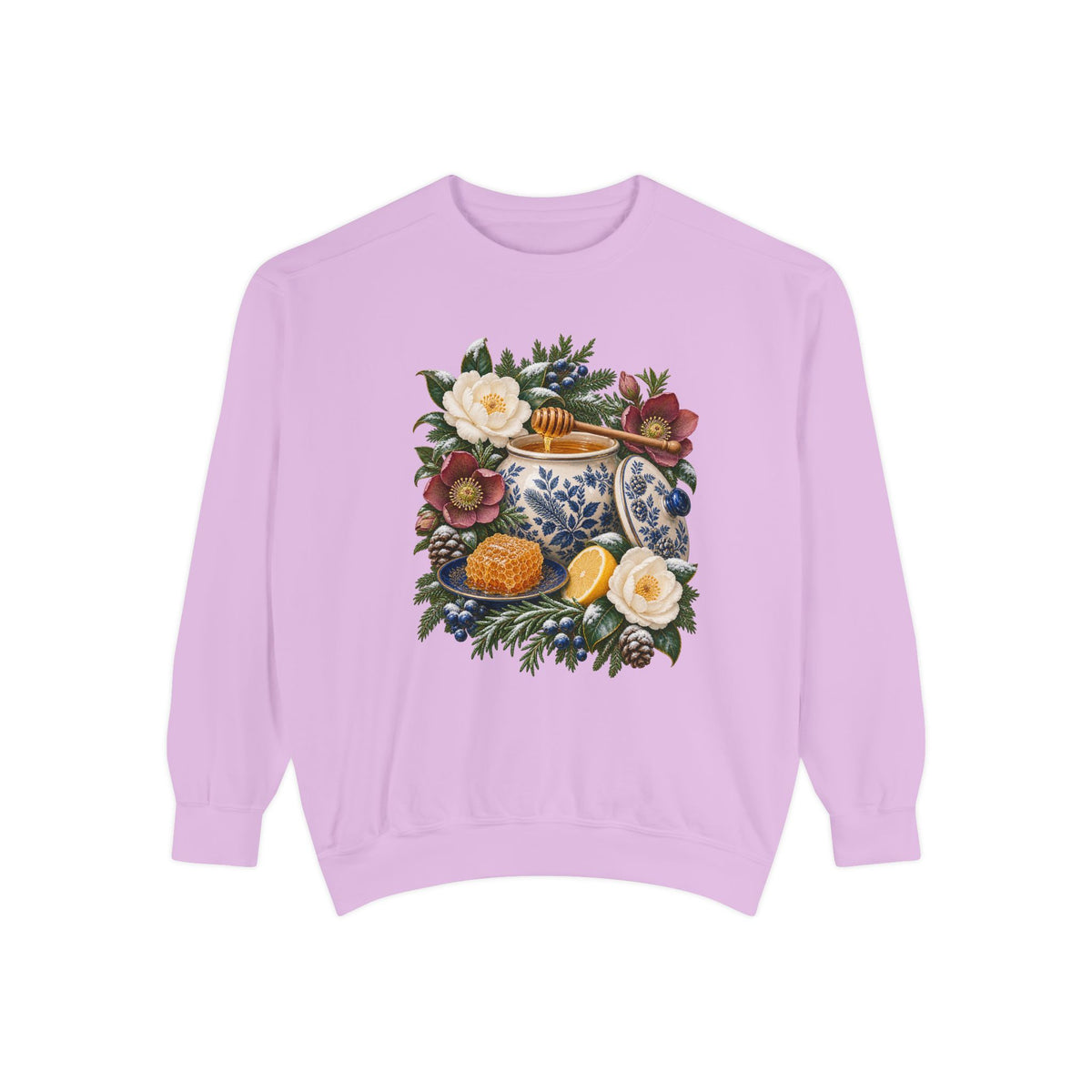 Cobalt transferware and winter florals crewneck, adult unisex sizing, printed direct to garment — a cream and cobalt transferware jar of honey with a wooden dipper, honeycomb on a blue plate and a cut lemon among winter florals
