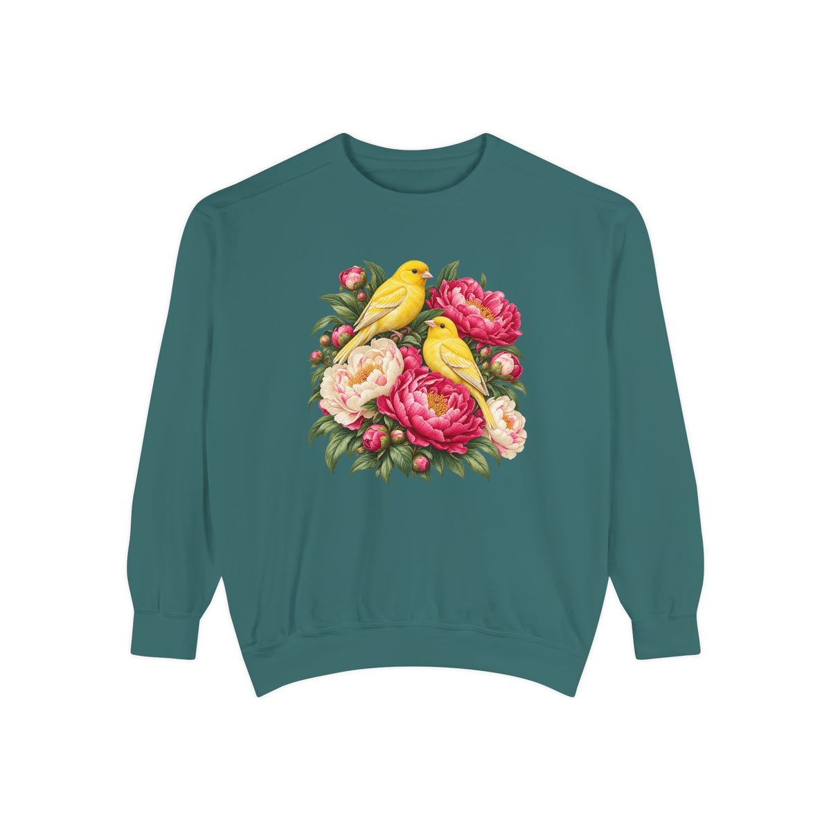 Yellow Songbirds and Pink Peony Sweatshirt - the 9.5 oz garment-dyed Comfort Colors 1566 crewneck with the songbird and peony design across the chest