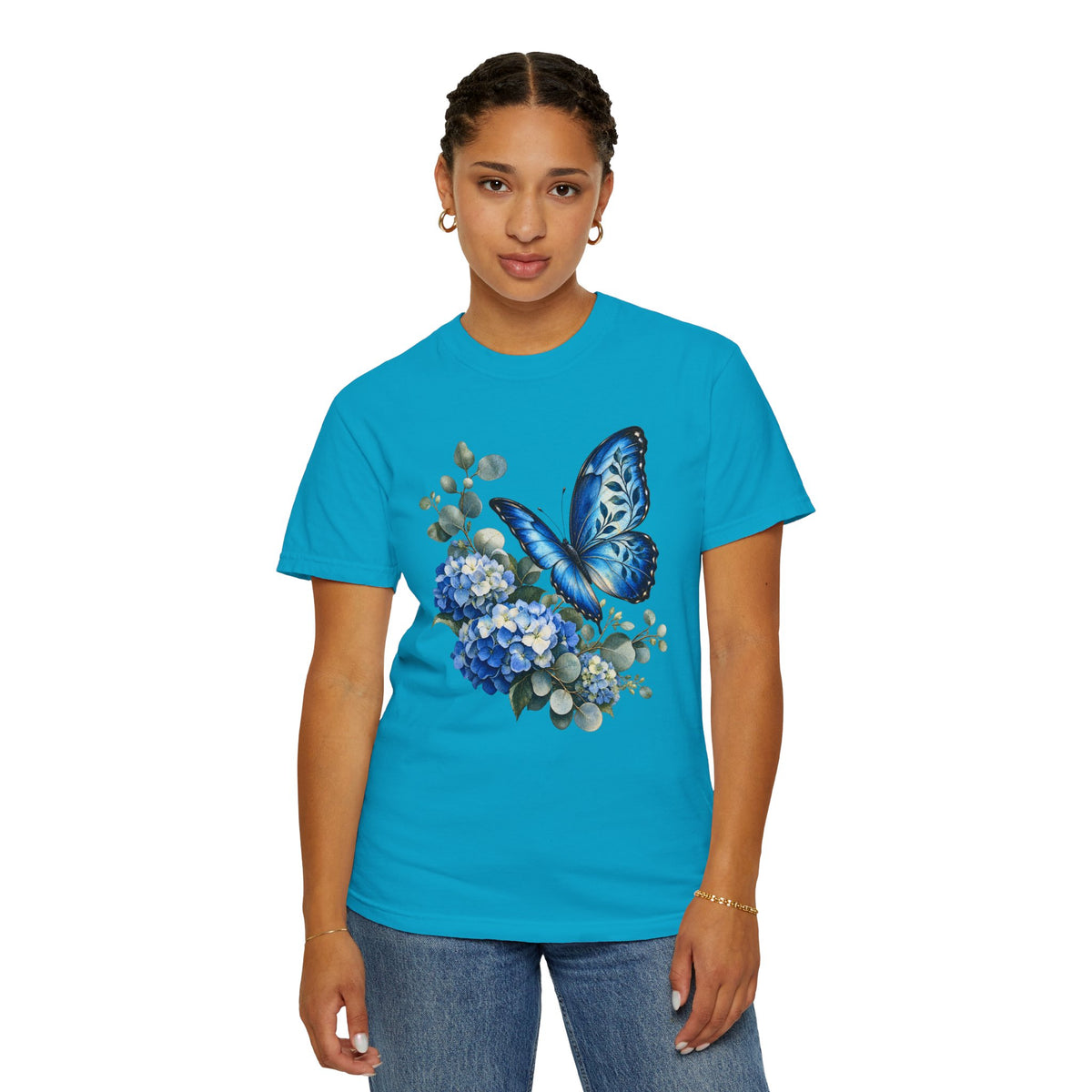 Blue Morpho & Hydrangea T-Shirt — Garment-Dyed Cotton