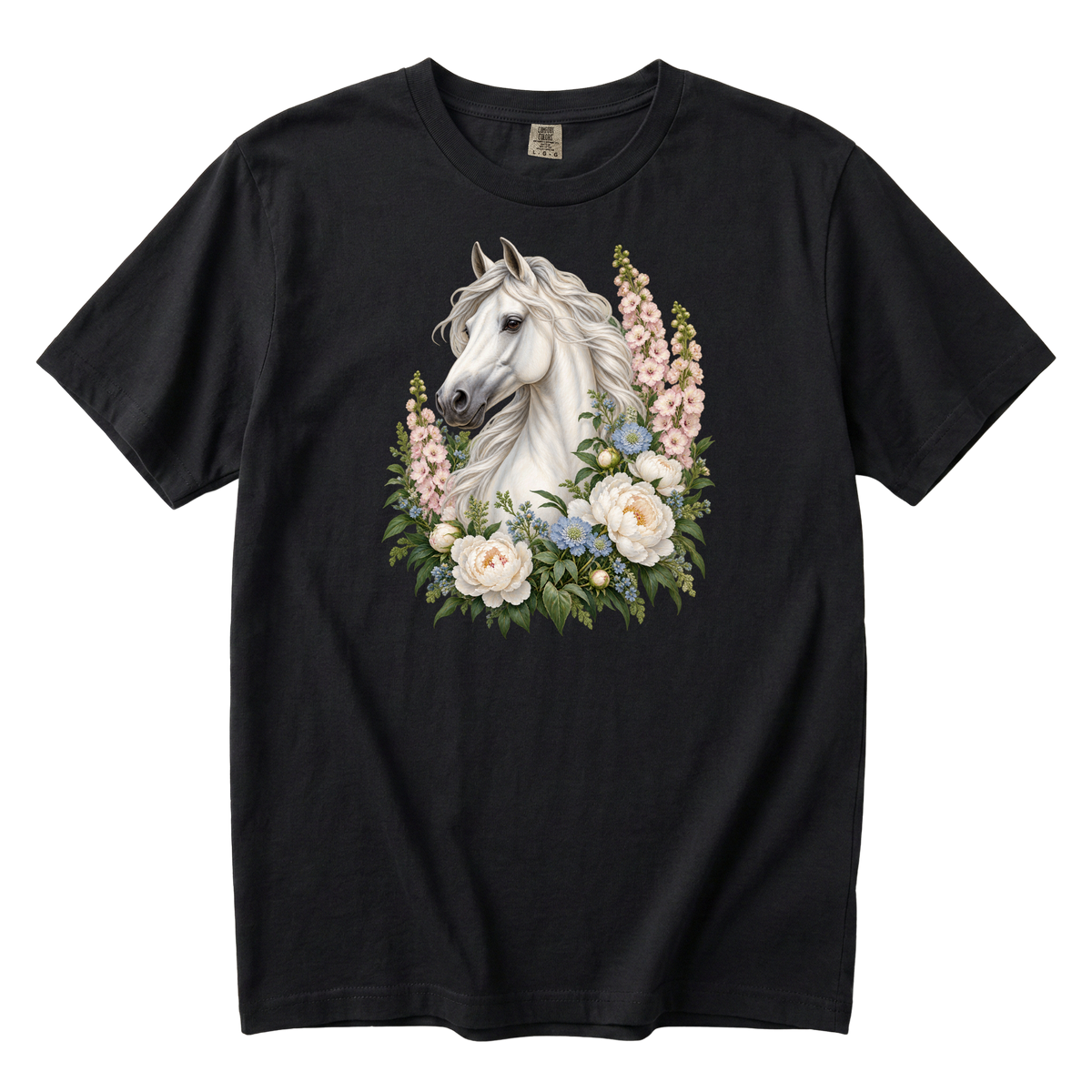 A Grace of Her Own premium tee in Black, a dramatic white horse and floral portrait