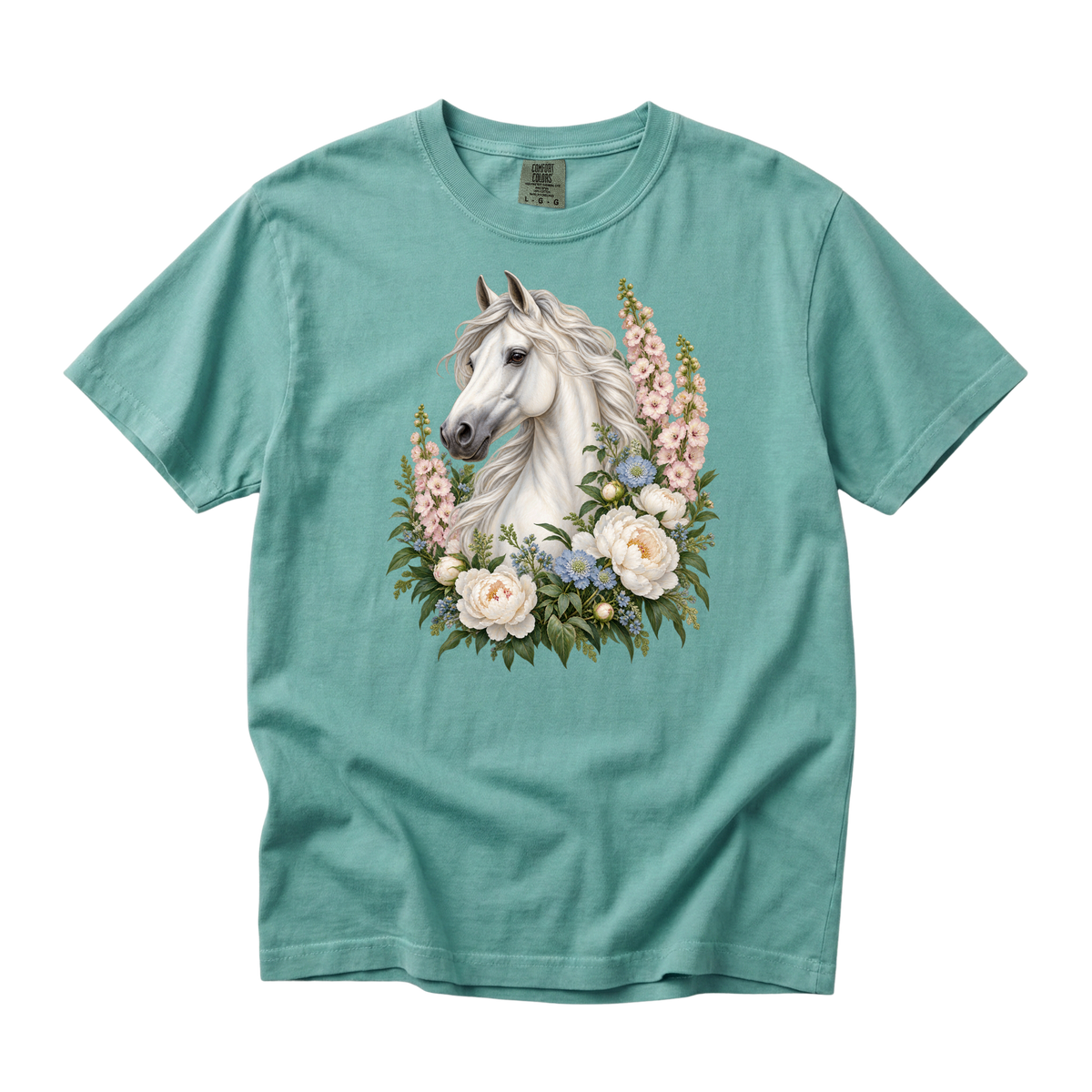A Grace of Her Own premium tee in Chalky Mint, a white horse with pink blossom stems