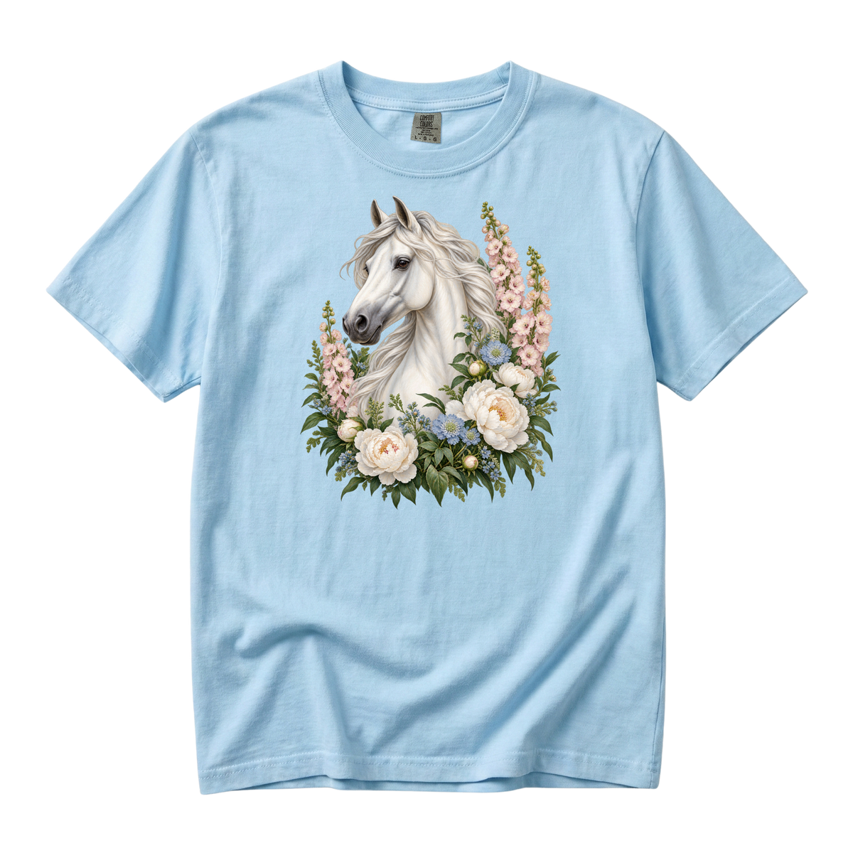 A Grace of Her Own premium tee in Chambray, a white horse and floral botanical portrait