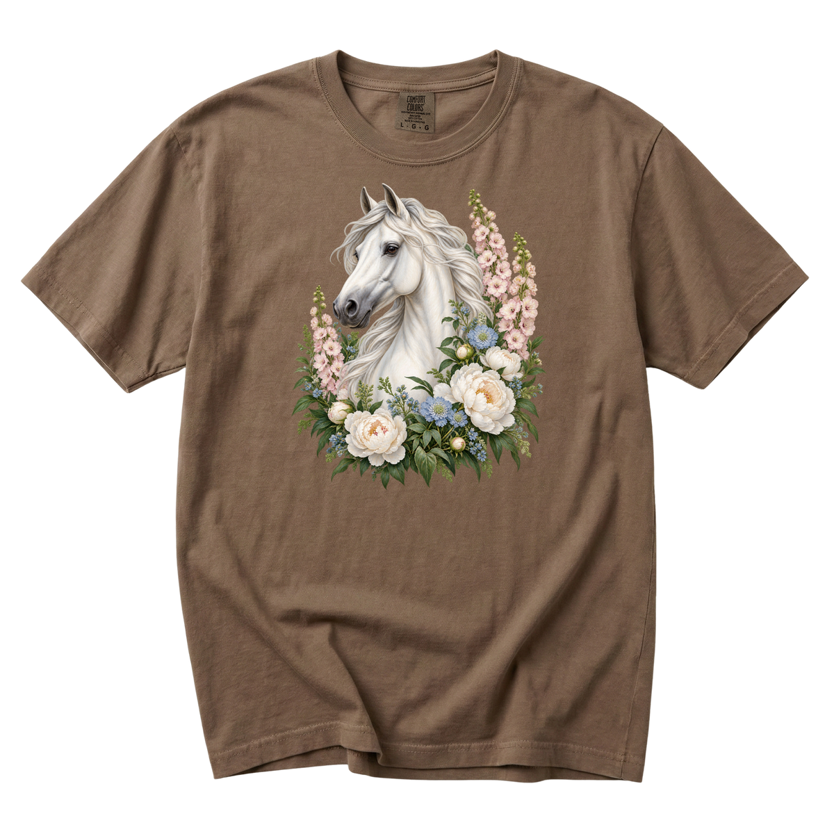 A Grace of Her Own premium tee in Espresso, a white horse among ivory blooms and pink blossom