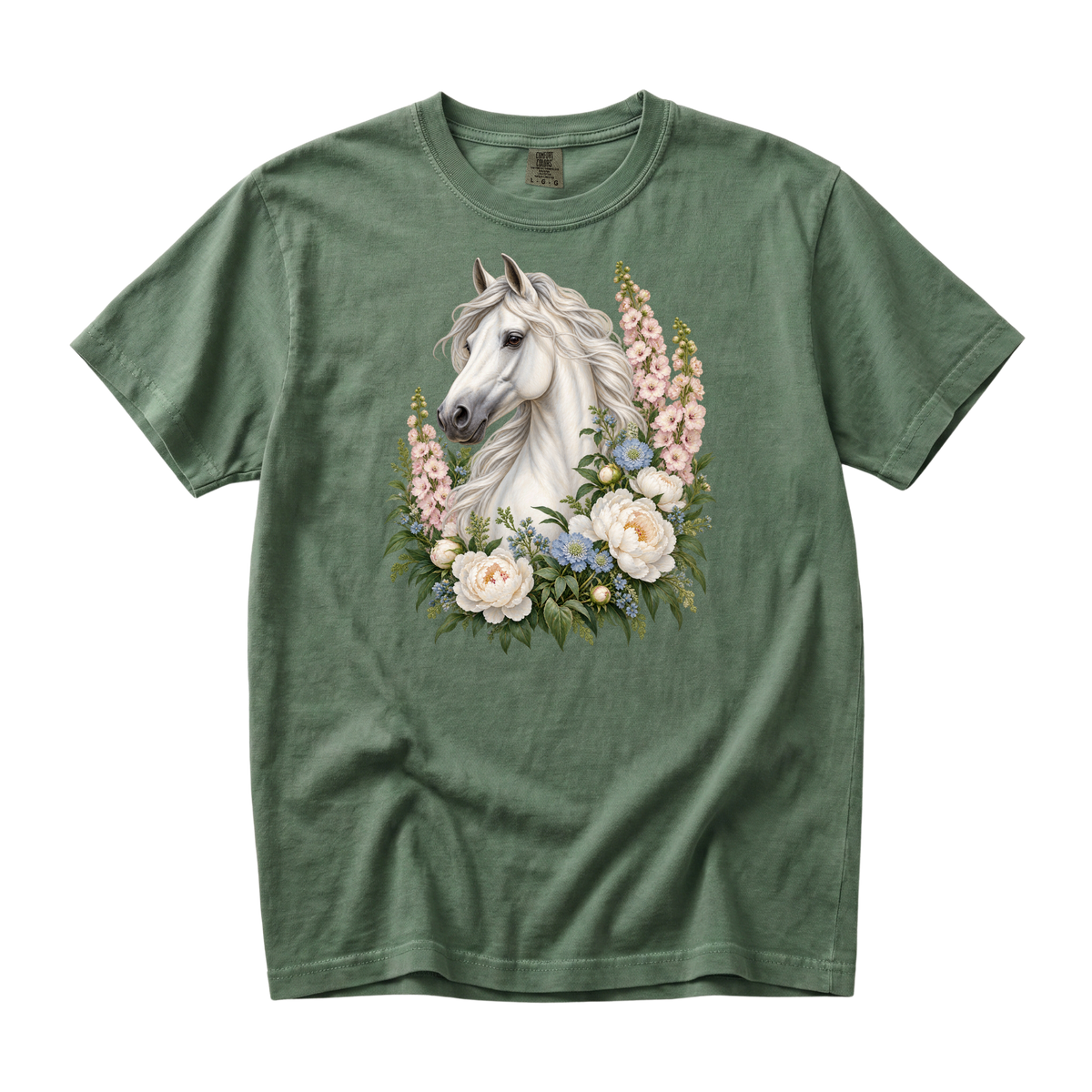 A Grace of Her Own premium tee in Moss, a white horse portrait among botanical blooms