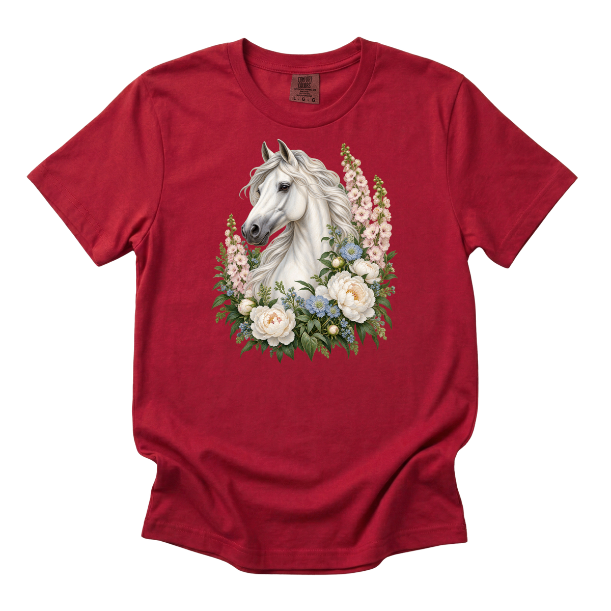 A Grace of Her Own premium tee in Red, a white horse among ivory and pink flowers