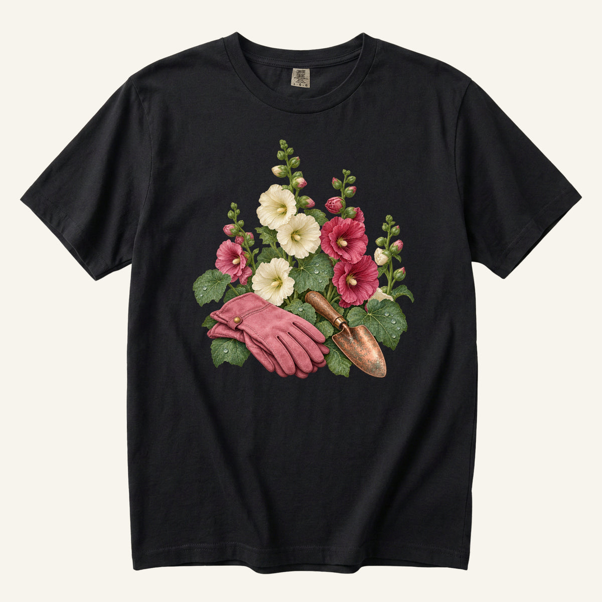 Gardening T-Shirt in Black — hollyhocks and trowel with strong flower contrast