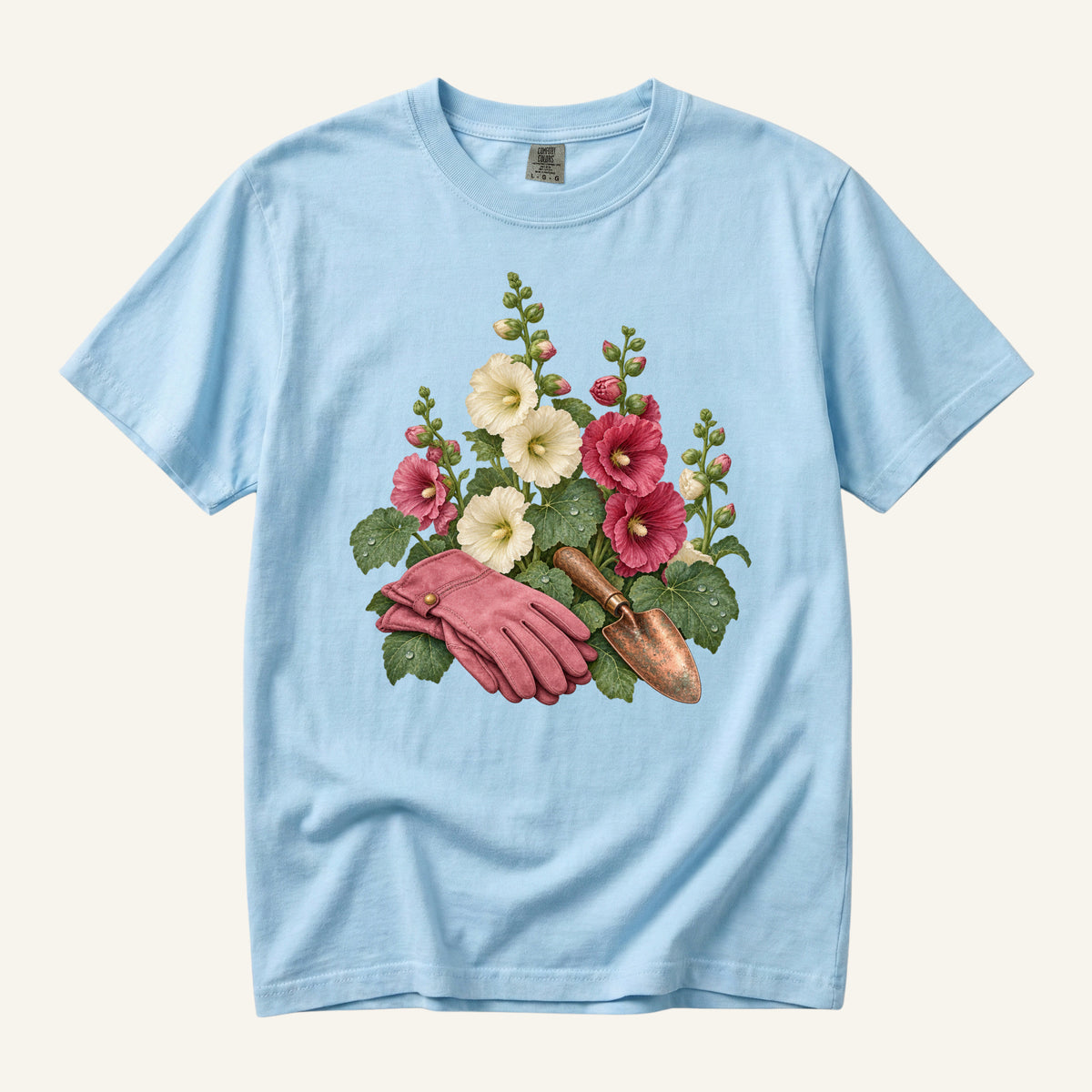 Gardening T-Shirt in Chambray — vintage garden tools and hollyhock flowers