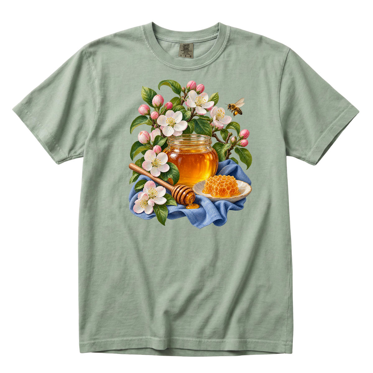 A Little Gold for Later premium honey tee in Bay, a honey jar with pink buds on sage green