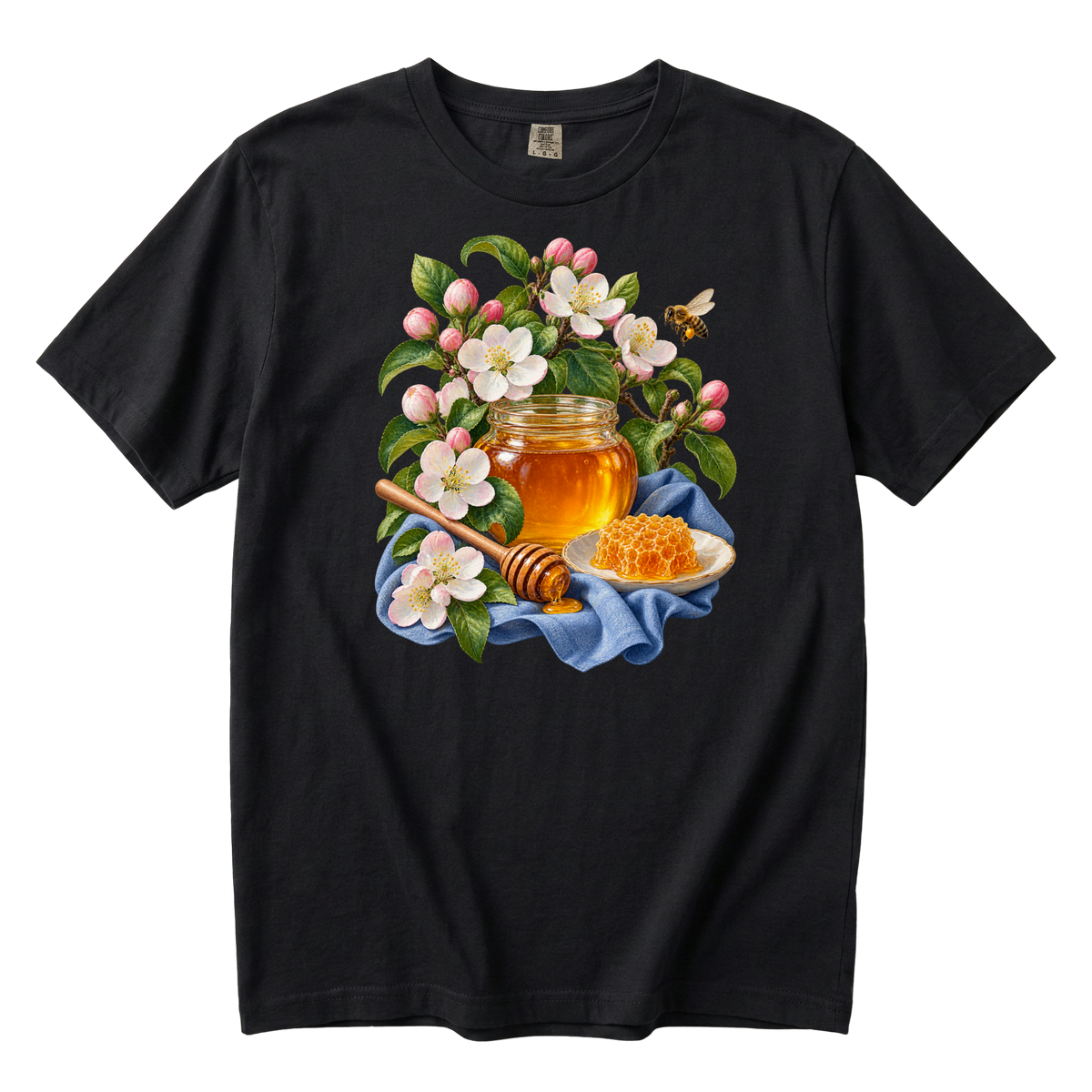 A Little Gold for Later premium honey tee in Black, an amber honey jar still life