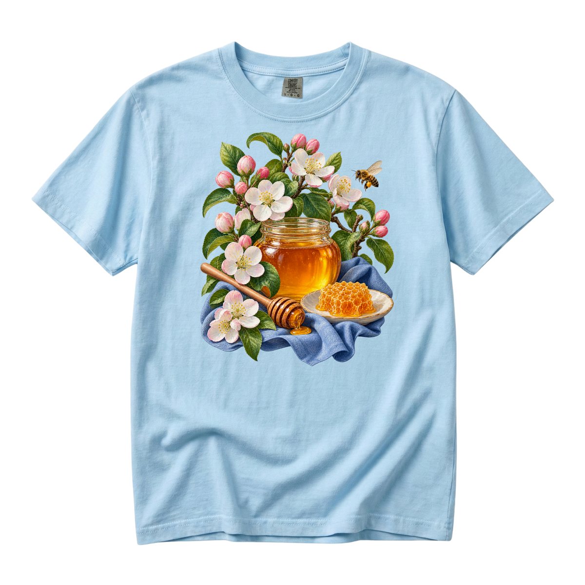 A Little Gold for Later premium honey tee in Chambray, a honey jar with blue cloth