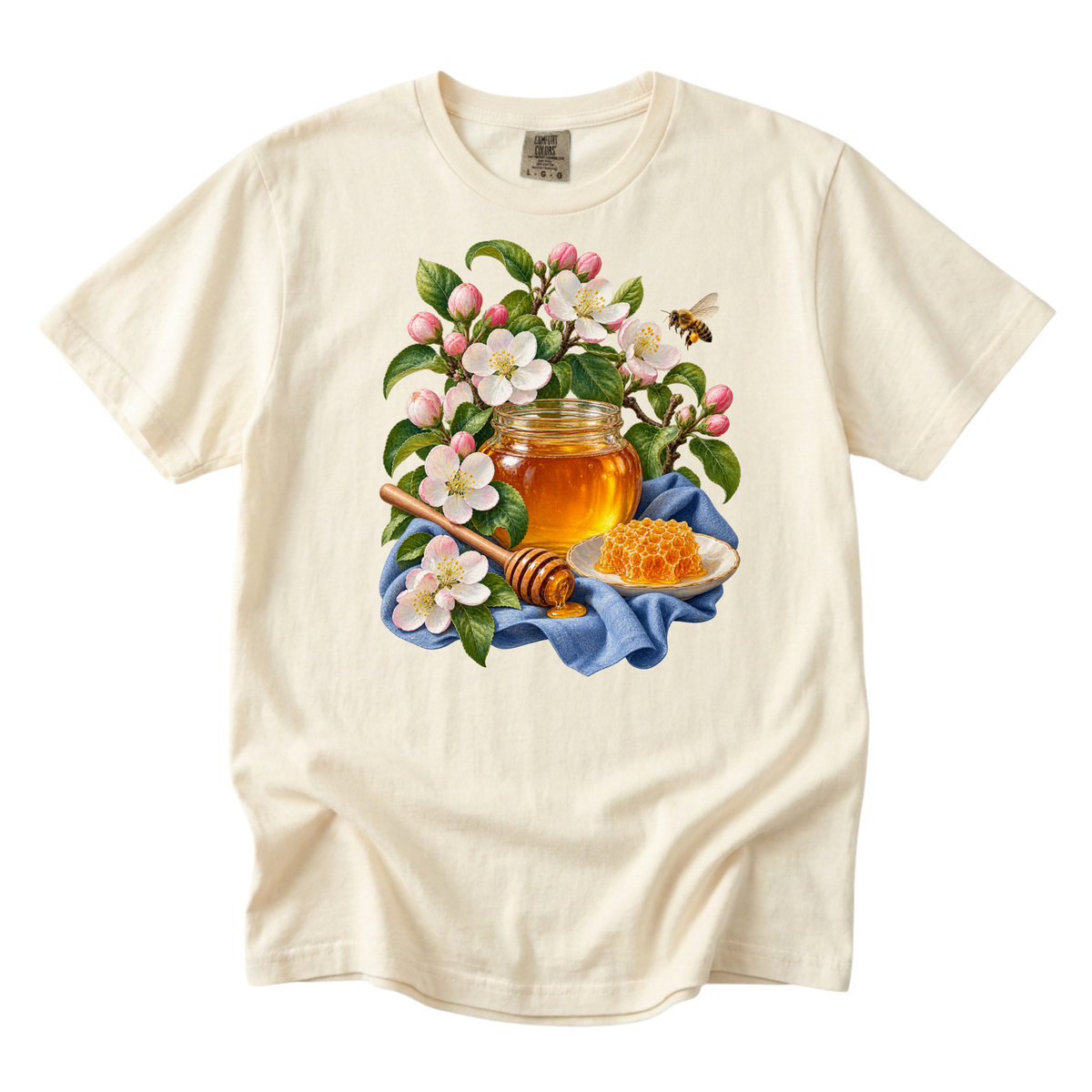 A Little Gold for Later premium honey tee in Ivory, honeycomb, dipper and blossom branches