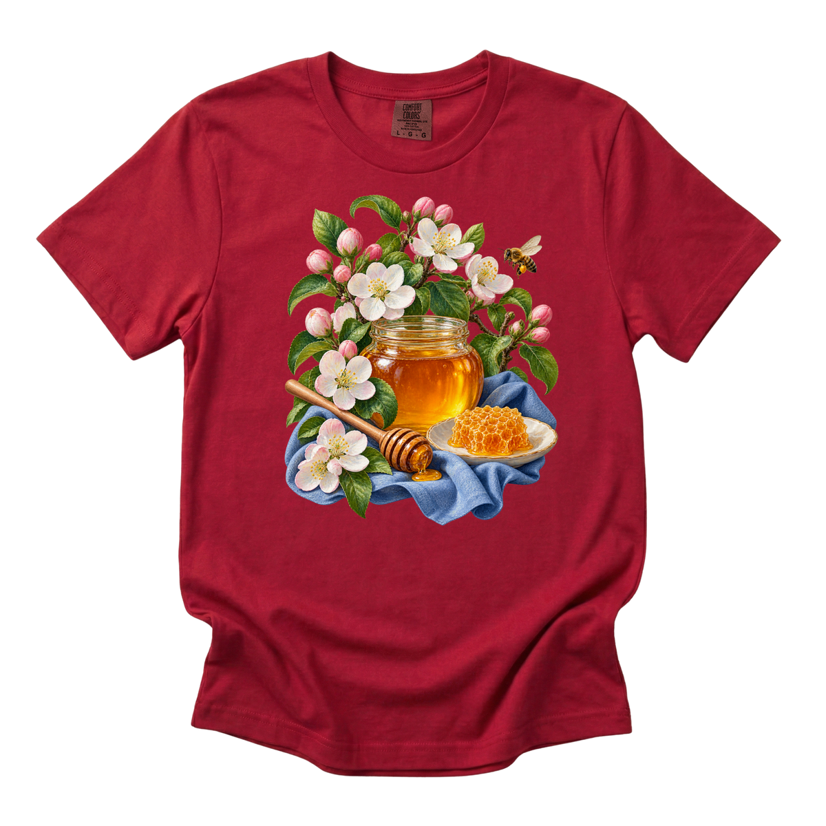 A Little Gold for Later premium honey tee in Red, a honey jar with honeycomb and a bee