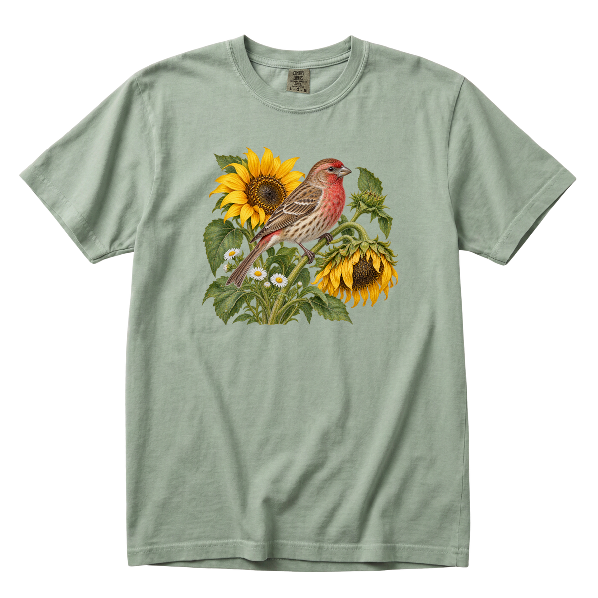 A Little Summer Left tee in Bay, a late summer finch and sunflower garden print on sage green