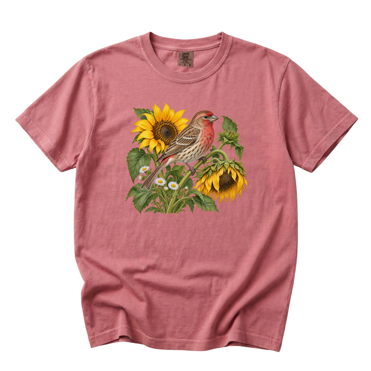 A Little Summer Left tee in Crimson, a rosy house finch with golden sunflowers on deep red