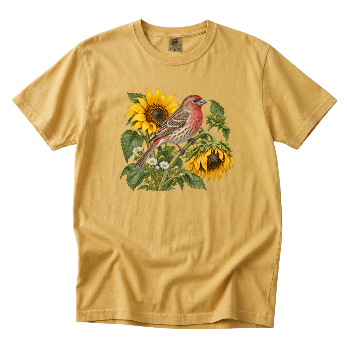 A Little Summer Left tee in Mustard, a vintage botanical house finch and sunflower print