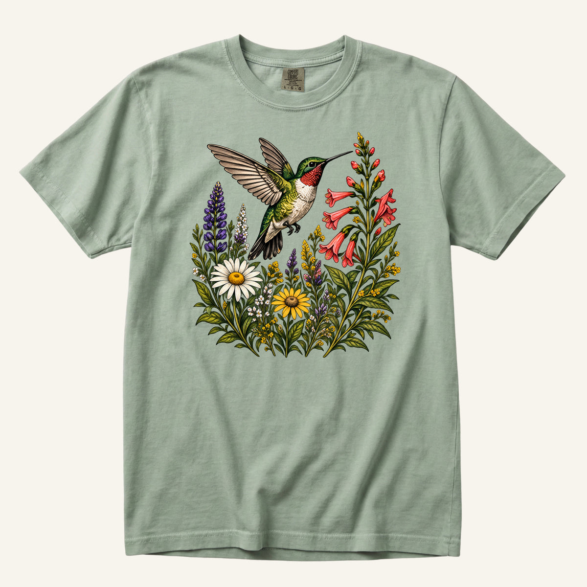 A Moment on Wings tee in Bay, a vintage hummingbird and wildflower garden print on soft green