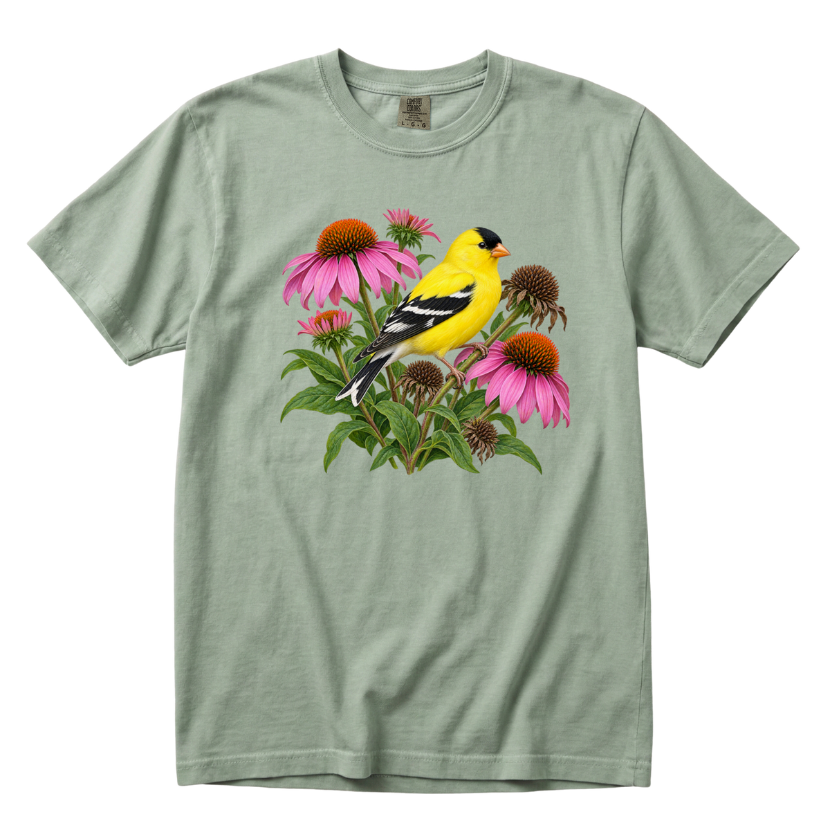 A Small Bright Thing goldfinch tee in Bay, a goldfinch on coneflower seed heads on sage green