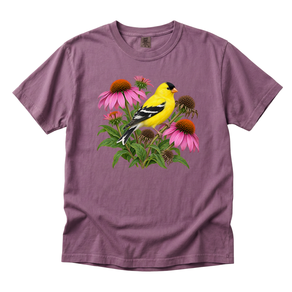 A Small Bright Thing goldfinch tee in Berry, a yellow goldfinch with pink echinacea blooms