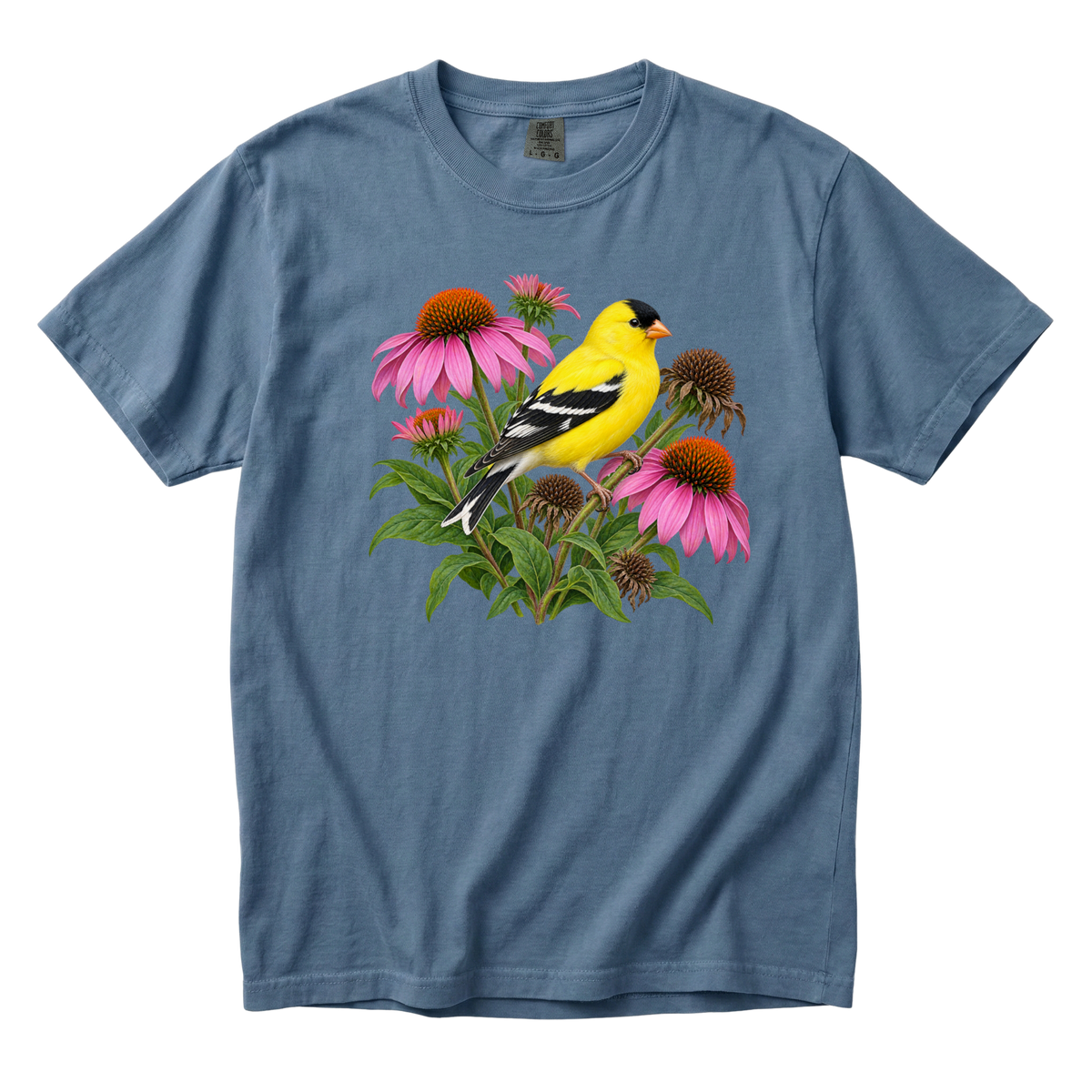 A Small Bright Thing goldfinch tee in Blue Jean, an American goldfinch among pink coneflowers