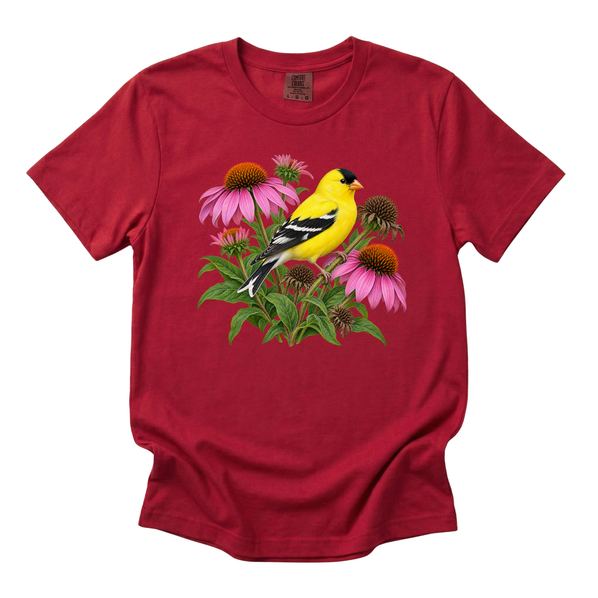 A Small Bright Thing goldfinch tee in Red, an American goldfinch among coneflowers on deep red