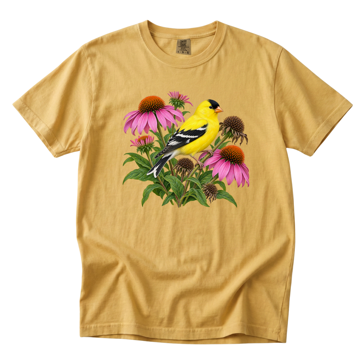 A Small Bright Thing goldfinch tee in Mustard, a vintage botanical goldfinch and coneflower print