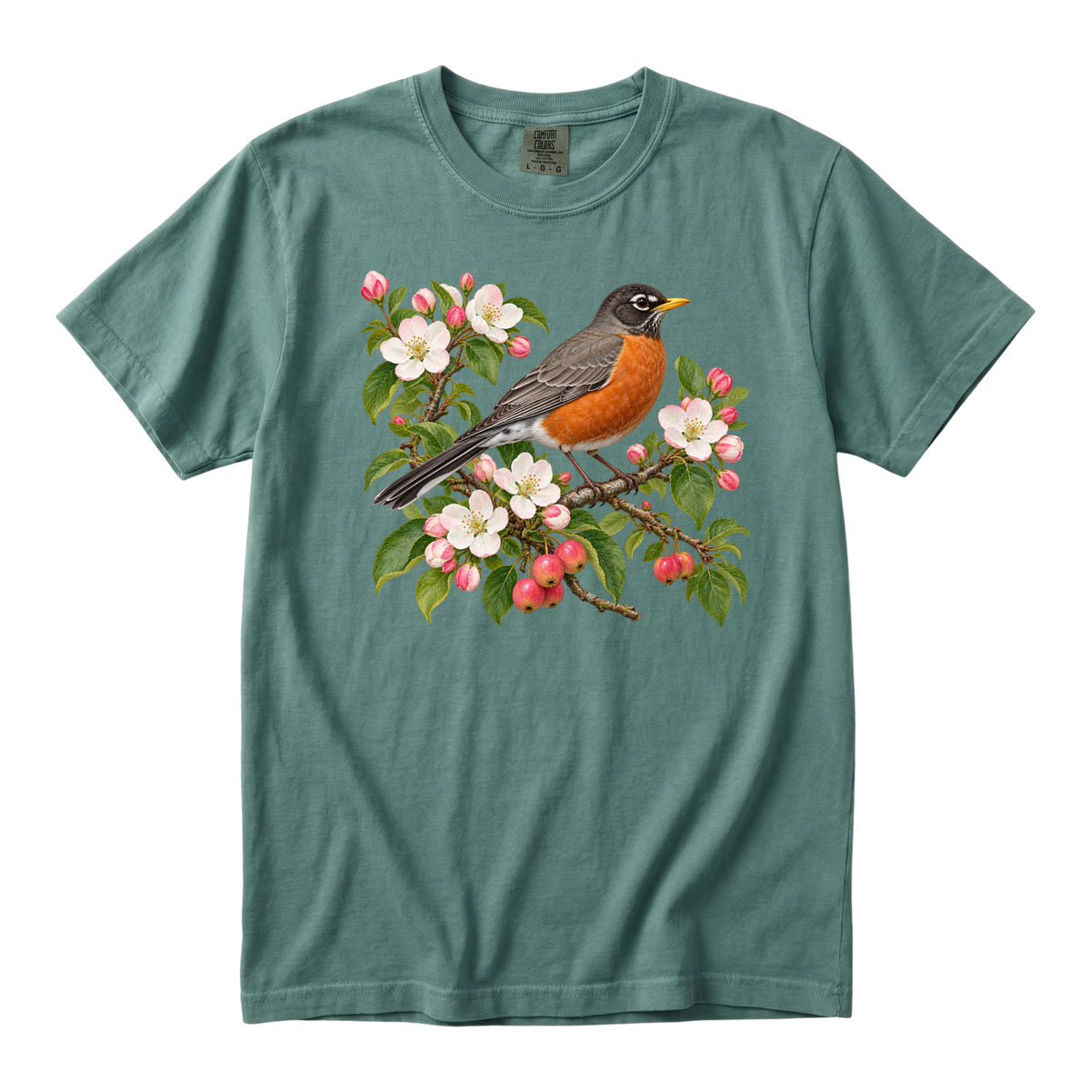 A Song for the New Place robin tee in Blue Spruce, an American robin among apple blossoms and pink buds