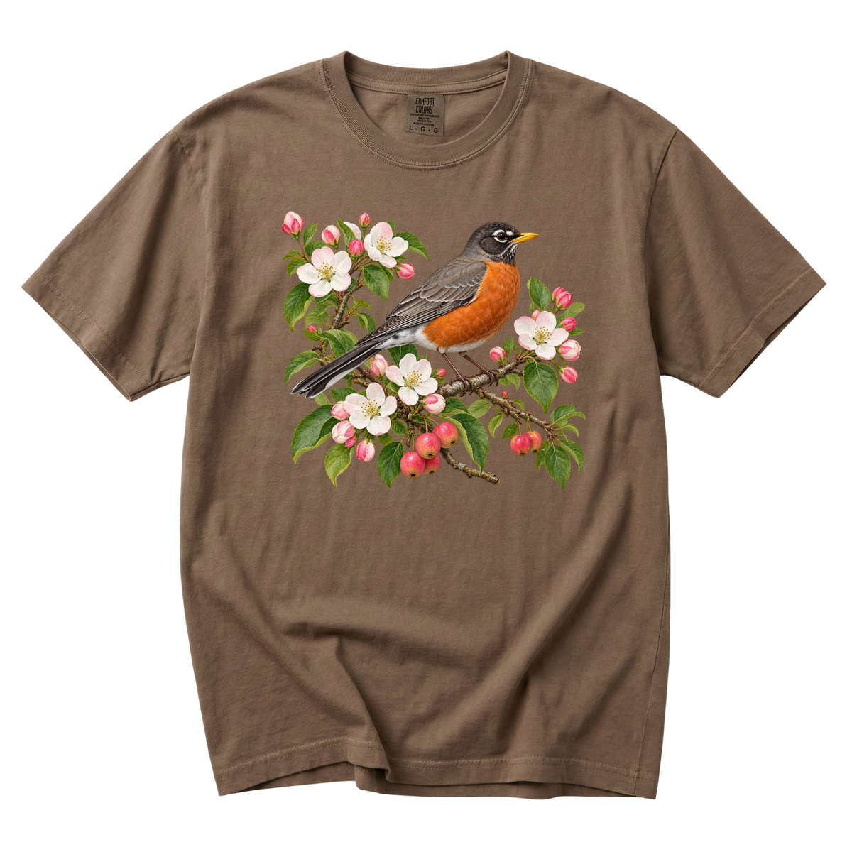 A Song for the New Place robin tee in Espresso, a robin on a flowering branch with rosy fruit