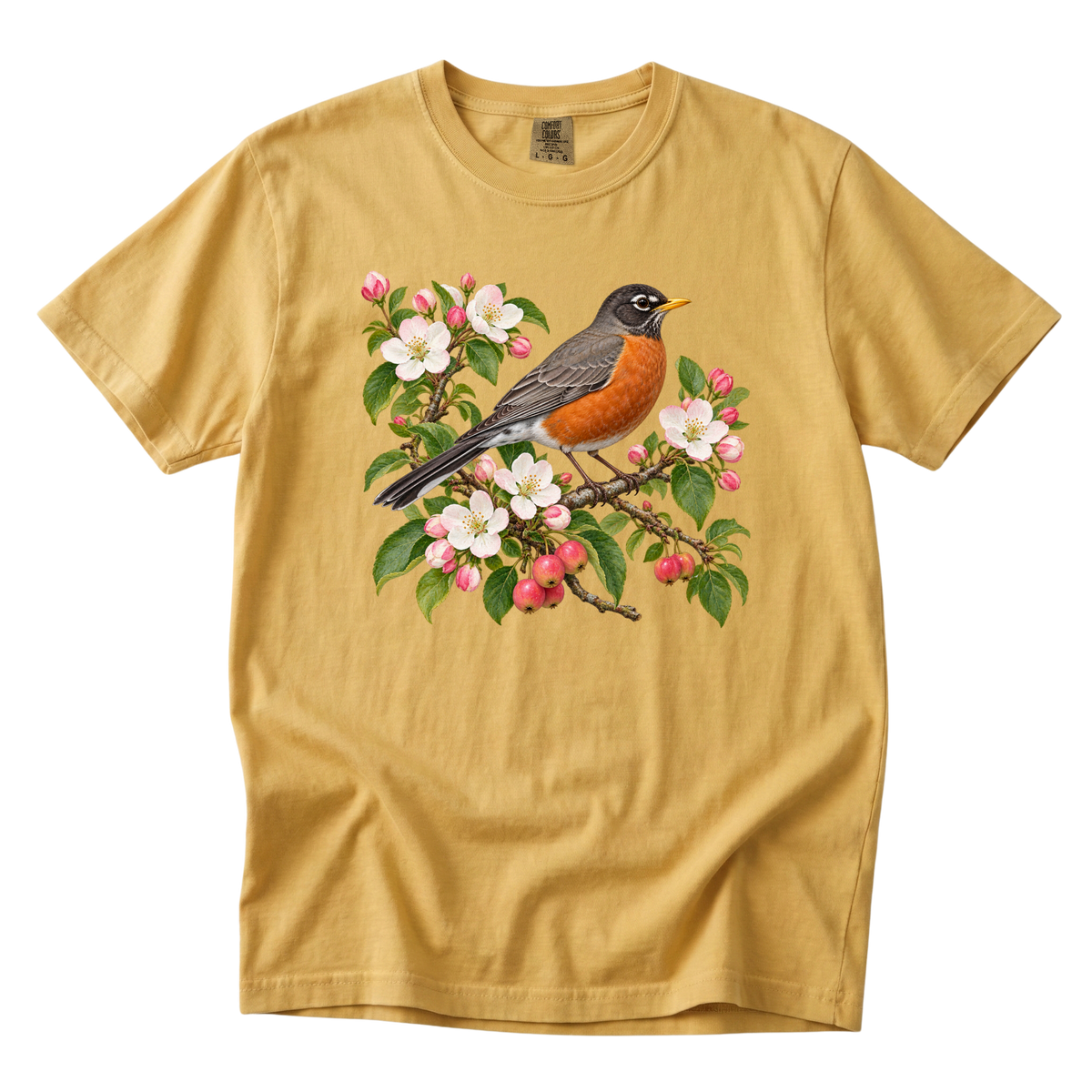 A Song for the New Place robin tee in Mustard, an orange-breasted robin with white apple blossoms