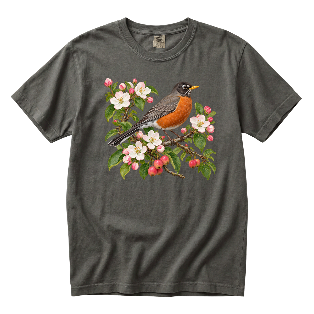 A Song for the New Place robin tee in Pepper, a vintage botanical robin and apple blossom print