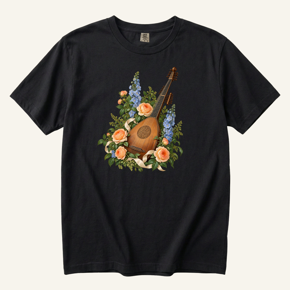 Vintage wooden lute with a carved rose sound hole among apricot roses and tall blue blossoms, printed on a black Comfort Colors 1717 unisex t-shirt