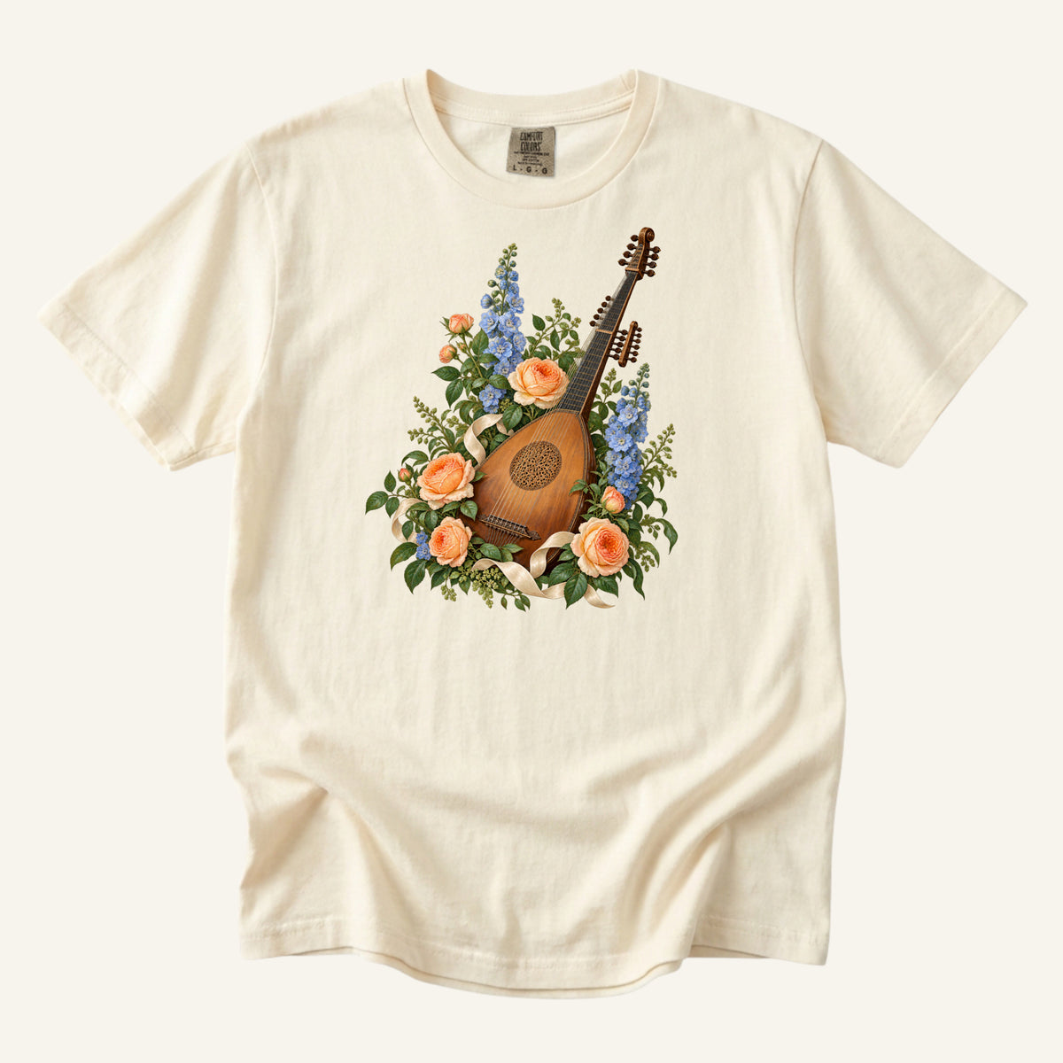 Vintage wooden lute with a carved rose sound hole among apricot roses and tall blue blossoms, printed on an Ivory Comfort Colors 1717 unisex t-shirt
