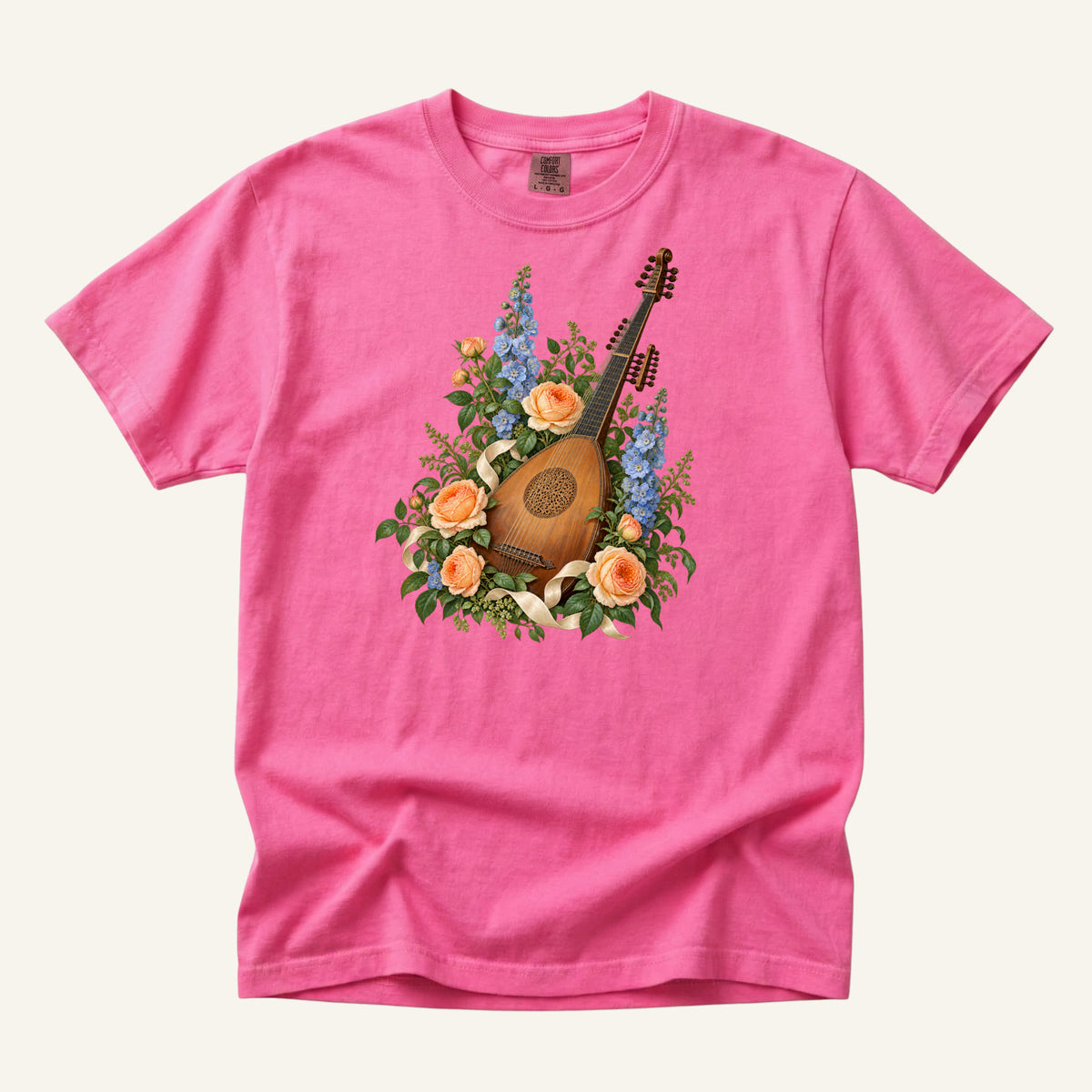 Vintage wooden lute with a carved rose sound hole among apricot roses and tall blue blossoms, printed on a Neon Pink Comfort Colors 1717 unisex t-shirt