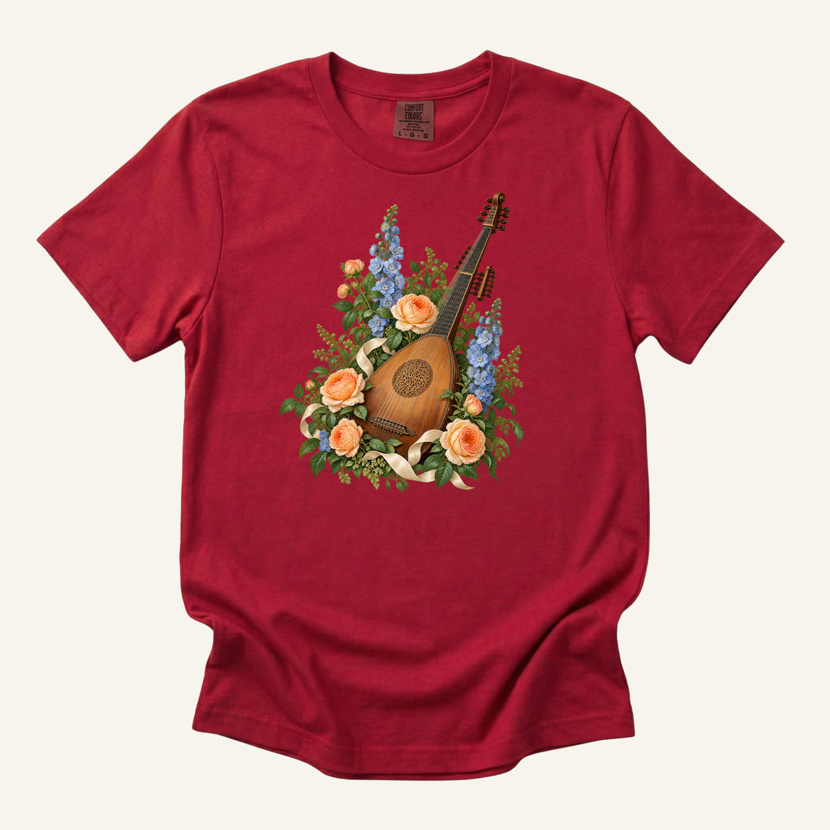 Vintage wooden lute with a carved rose sound hole among apricot roses and tall blue blossoms, printed on a red Comfort Colors 1717 unisex t-shirt