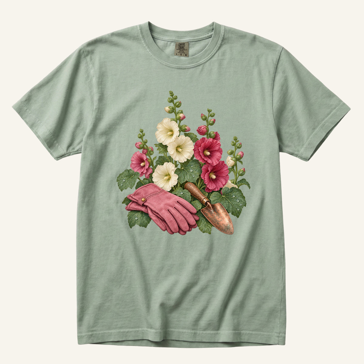 Gardening T-Shirt in Bay — hollyhocks and garden tools in botanical watercolor, earthy green