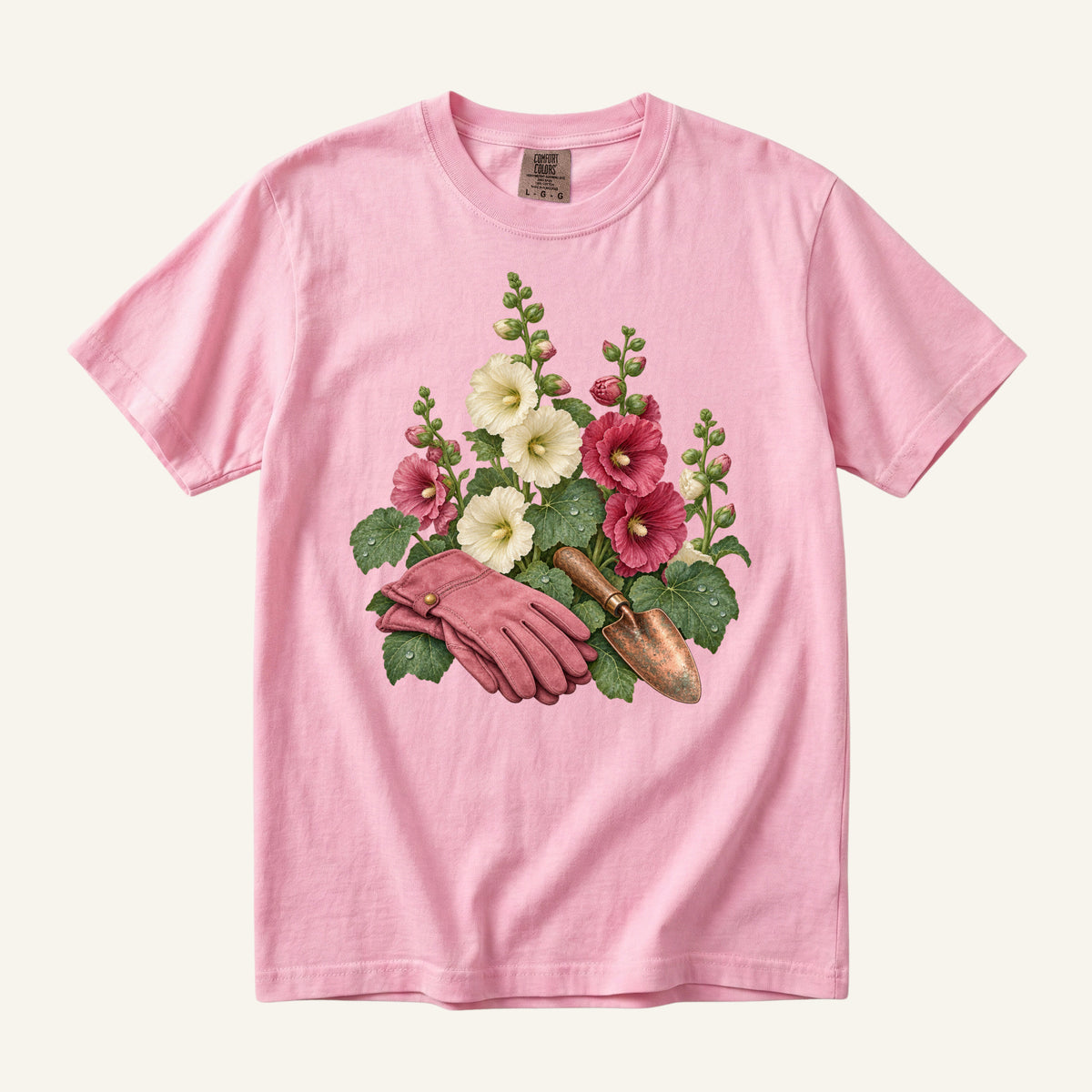 Gardening T-Shirt in Blossom — rose gloves and hollyhocks, made to order in the USA