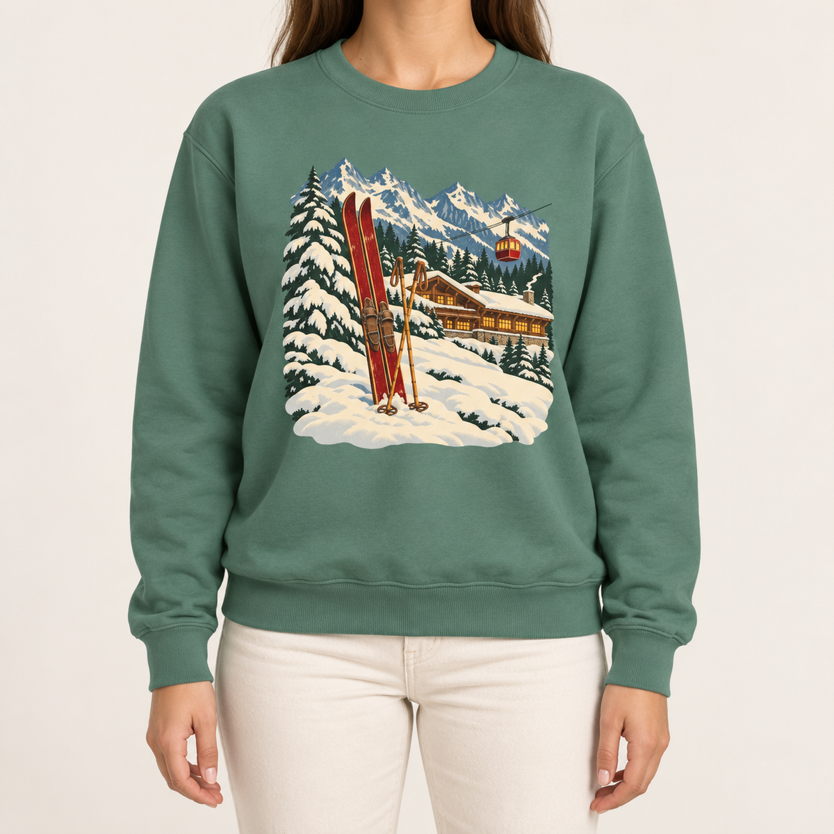Apres ski sweatshirt in Light Green – vintage red wooden skis and poles in the snow, a lit timber ski lodge, a red gondola and snowy peaks, printed large on the chest of a Comfort Colors crewneck