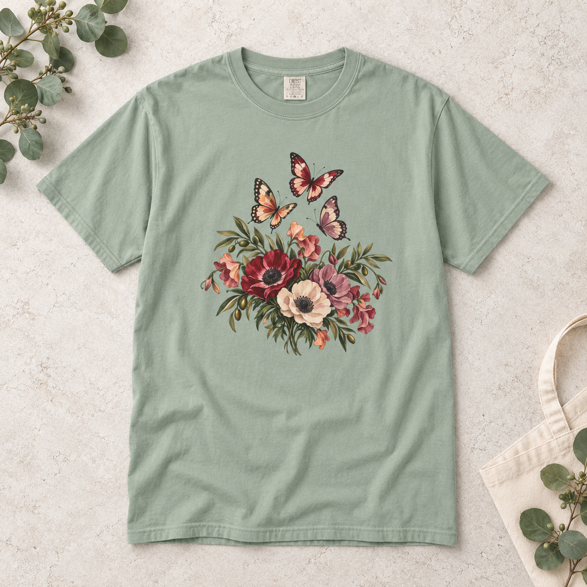 Anemone & Butterfly Bouquet T-Shirt — Garment-Dyed Cotton