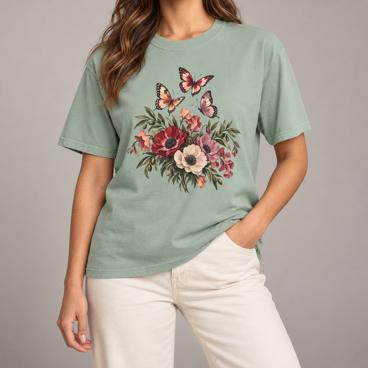 Anemone & Butterfly Bouquet T-Shirt — Garment-Dyed Cotton