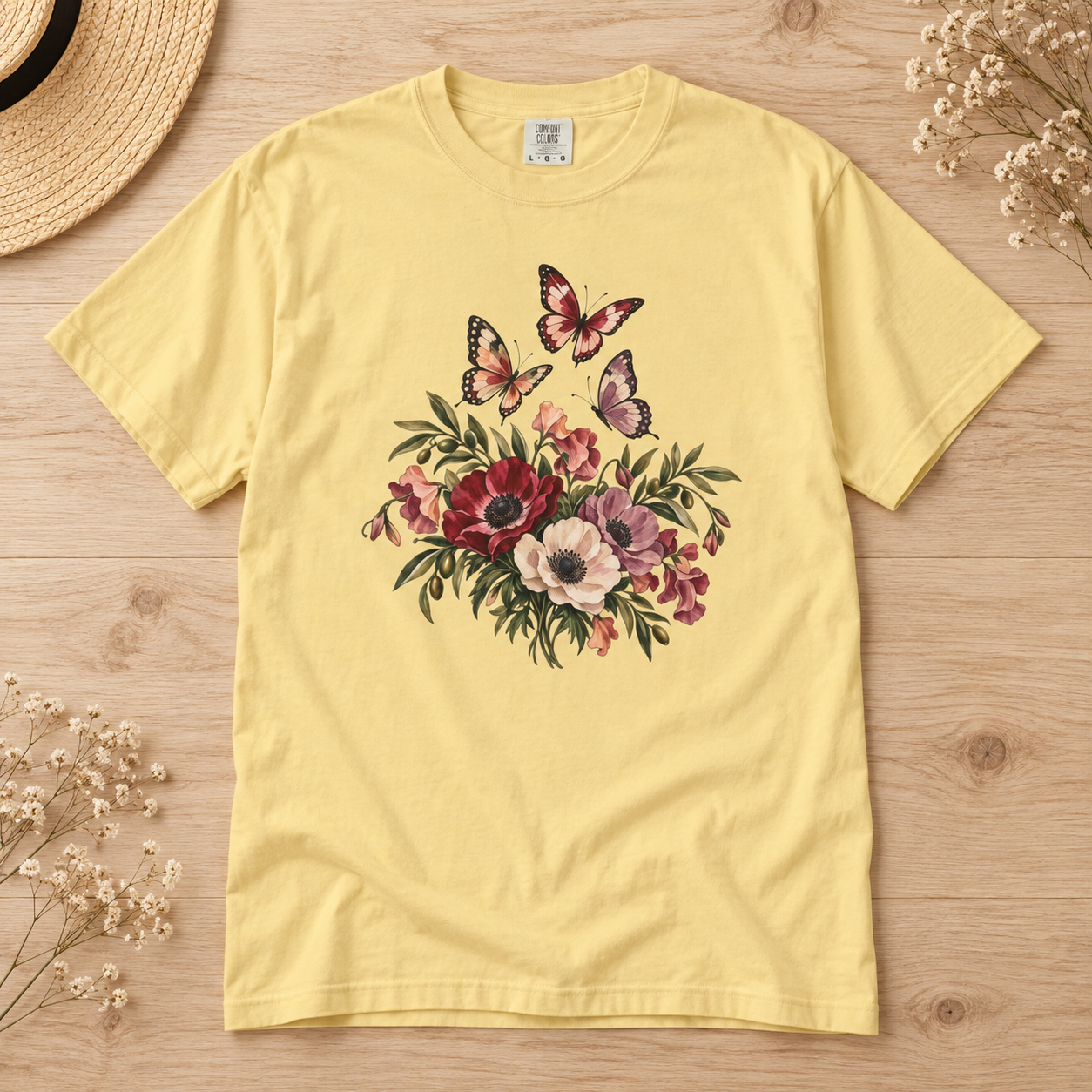 Anemone & Butterfly Bouquet T-Shirt — Garment-Dyed Cotton
