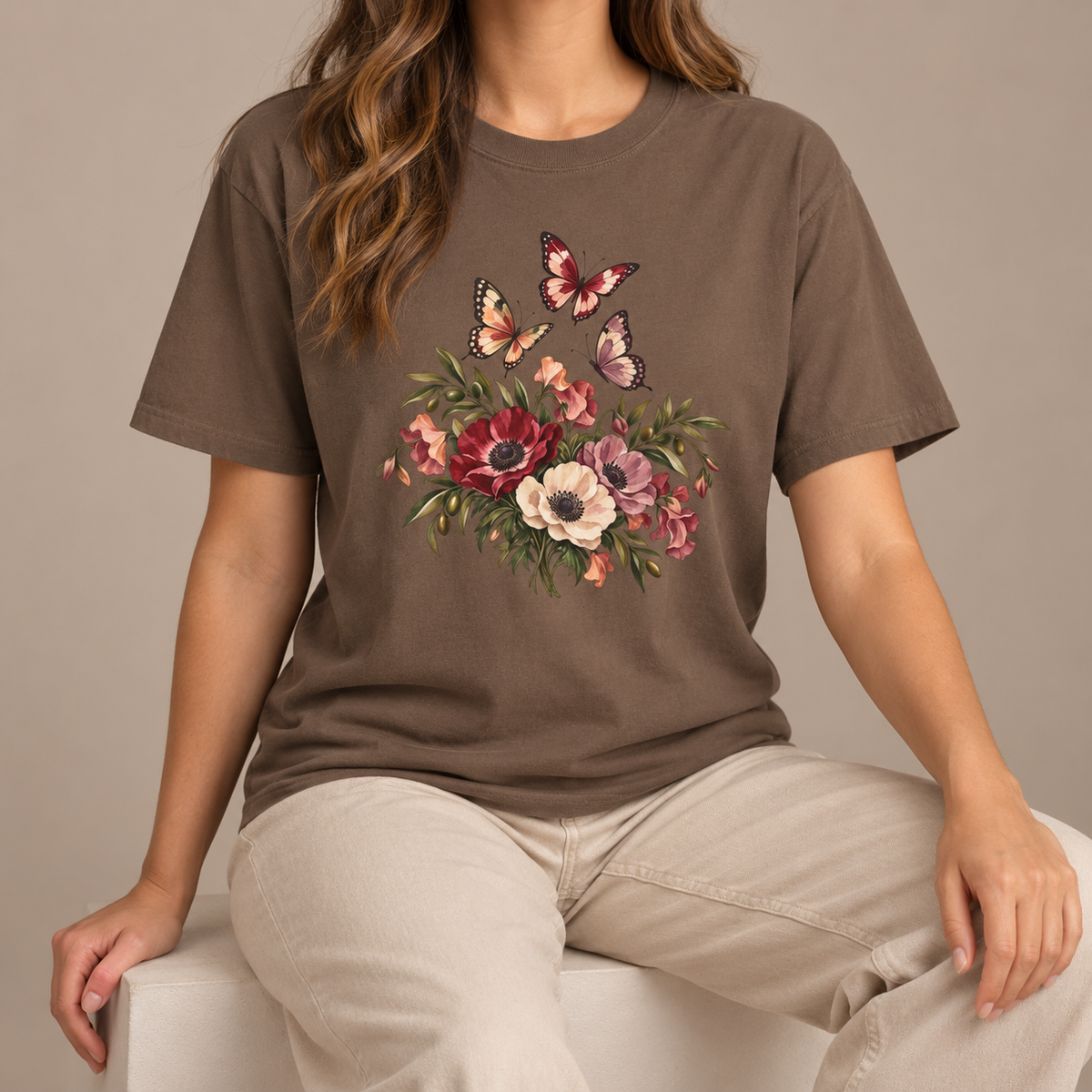 Anemone & Butterfly Bouquet T-Shirt — Garment-Dyed Cotton