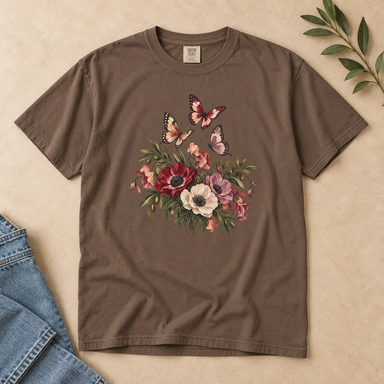 Anemone & Butterfly Bouquet T-Shirt — Garment-Dyed Cotton