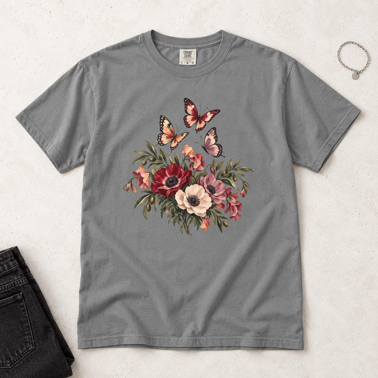 Anemone & Butterfly Bouquet T-Shirt — Garment-Dyed Cotton