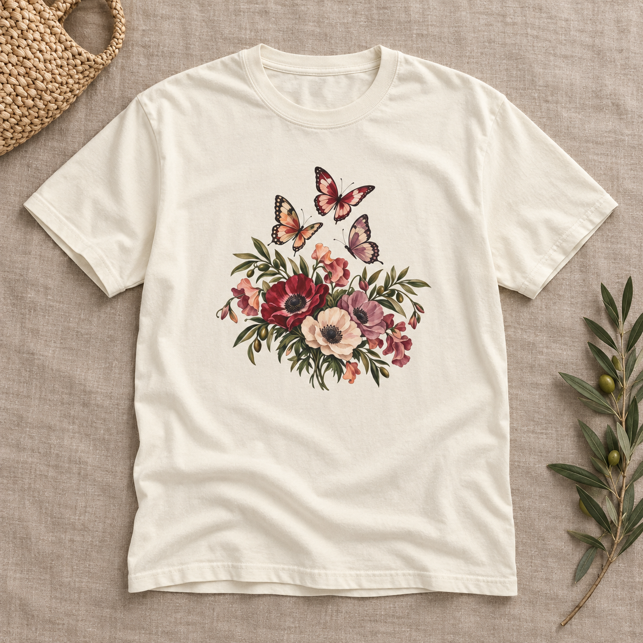 Anemone & Butterfly Bouquet T-Shirt — Garment-Dyed Cotton