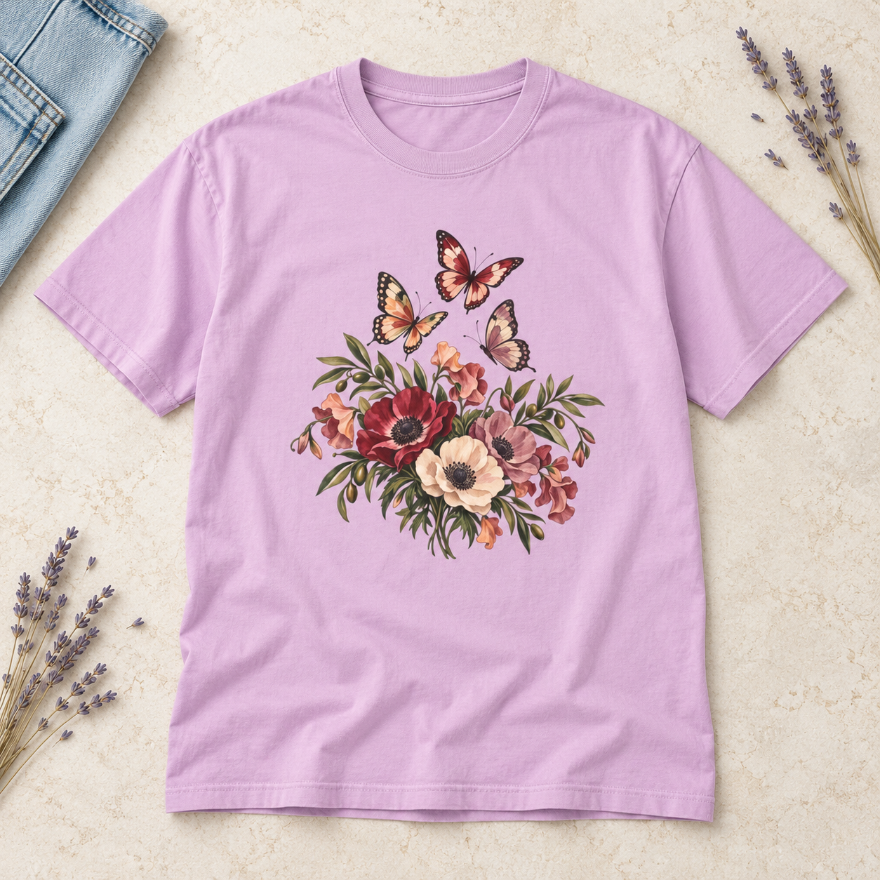 Anemone & Butterfly Bouquet T-Shirt — Garment-Dyed Cotton
